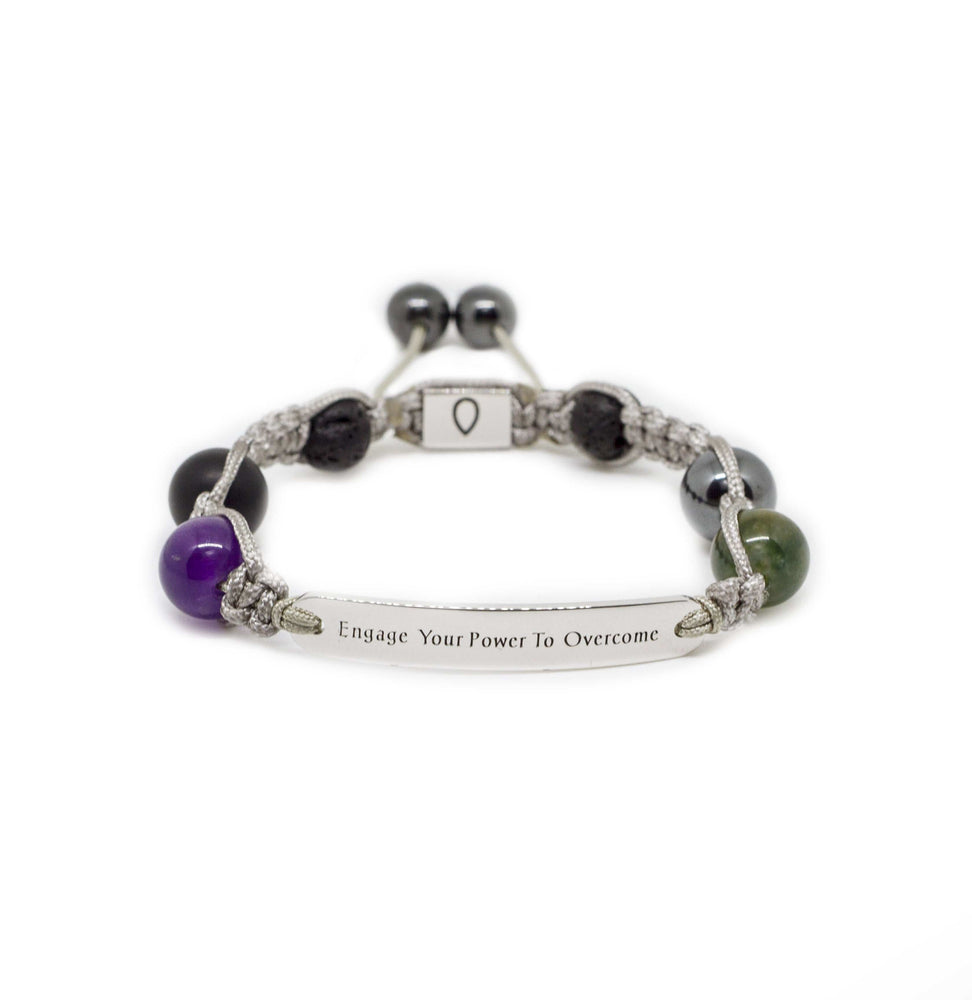 Handmade bracelet with silver nameplate and natural stones in grey cording with silver closure