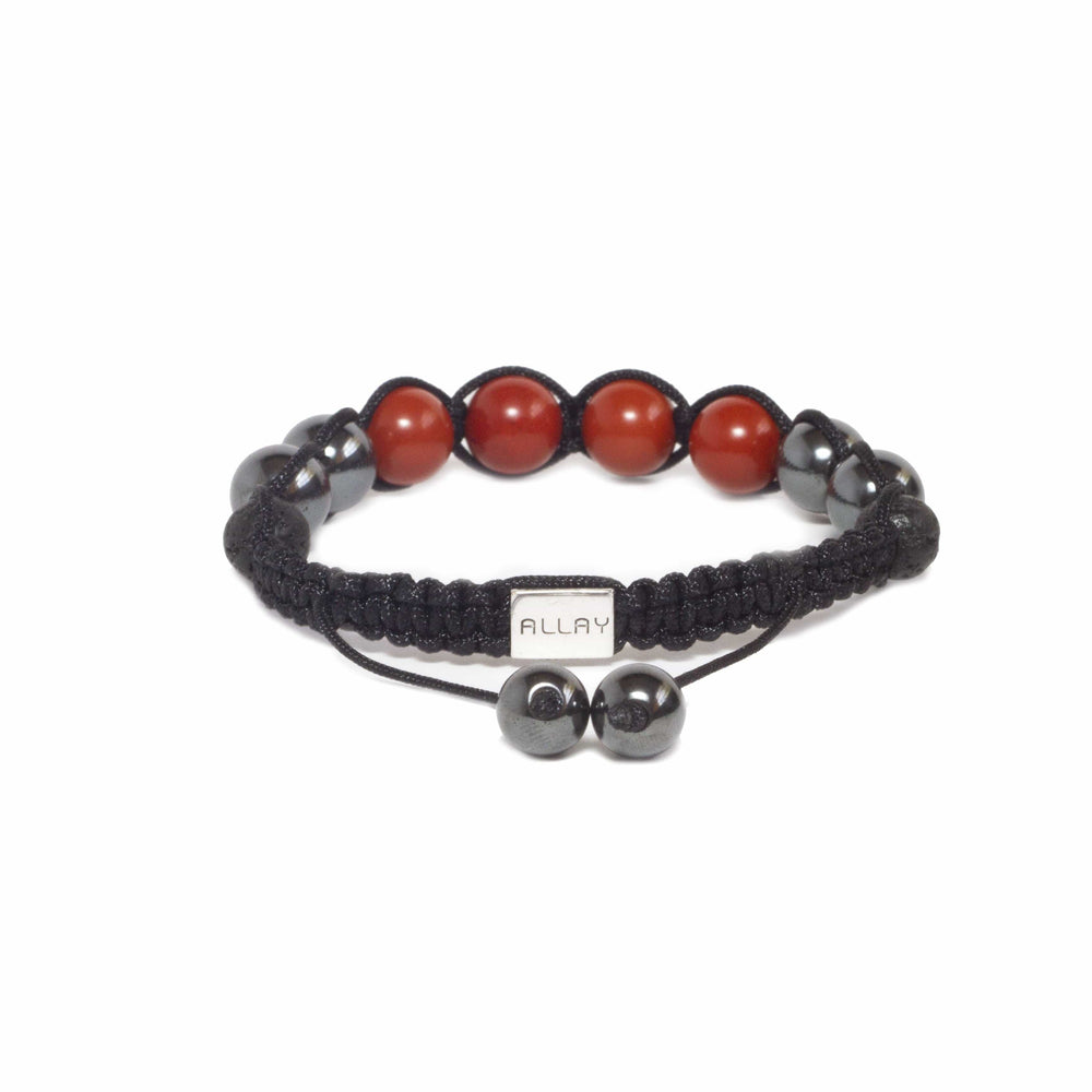 4 red jasper stones in black cording with silver closure and 2 hematite beads at end 