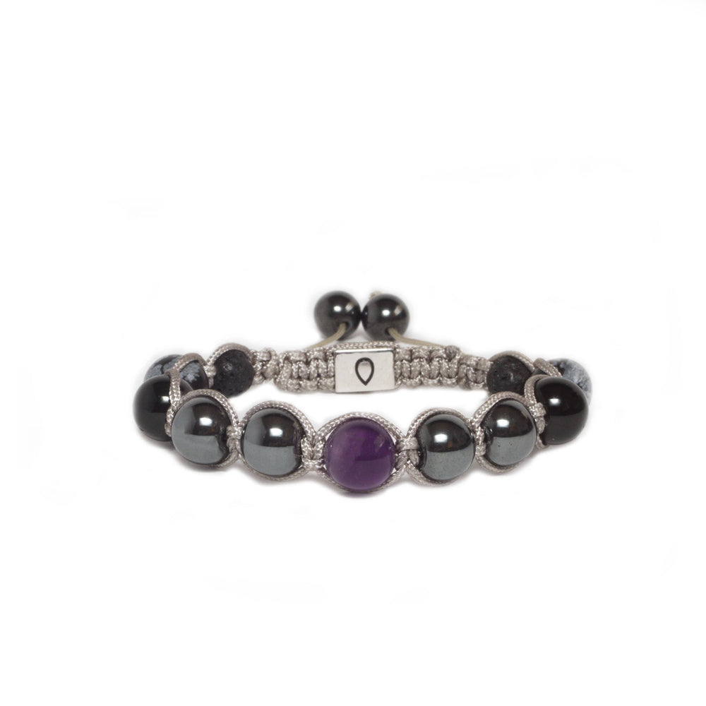 handmade bracelet made with amethyst and other natural stones in grey cording 