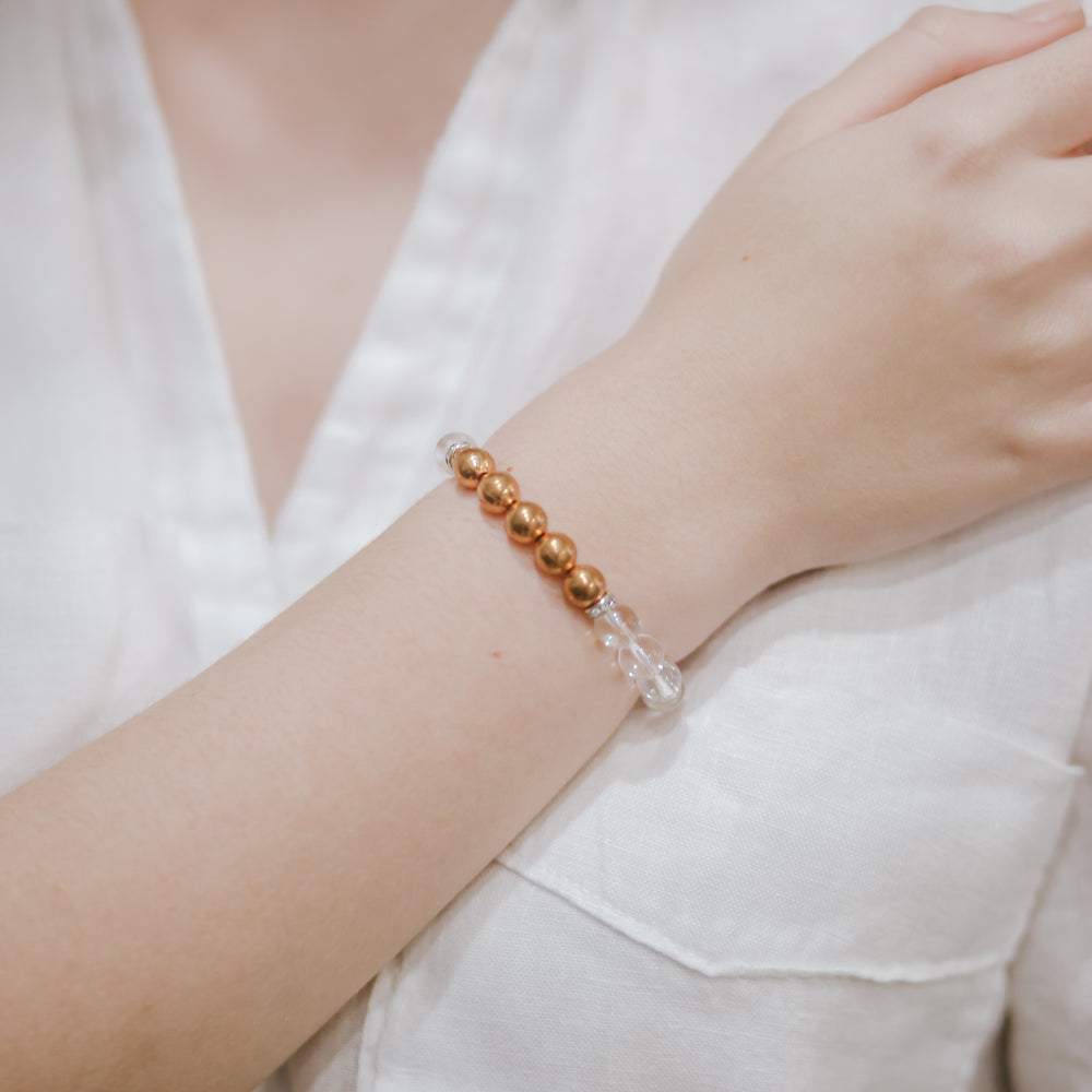 
            
                Load image into Gallery viewer, COPPER &amp;amp; CRYSTAL CLEAR QUARTZ BRACELET
            
        